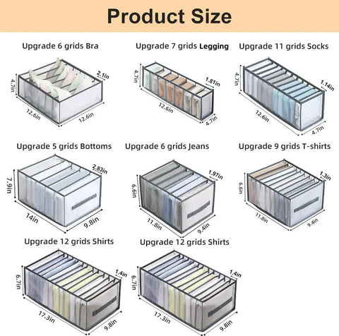 Product sizes for Effortless Wardrobe Closet Organizer System For Clothes And Accessories, with grid dividers for various clothing types.