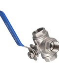 Top Shelf Three Way Stainless Steel Ball Valve With T Type Design For Plumbing And Gas Lines Built Tough As Nails To Deliver Corrosion Resistant Flow Without Any Drama, featuring blue handle and 20 mm diameter.