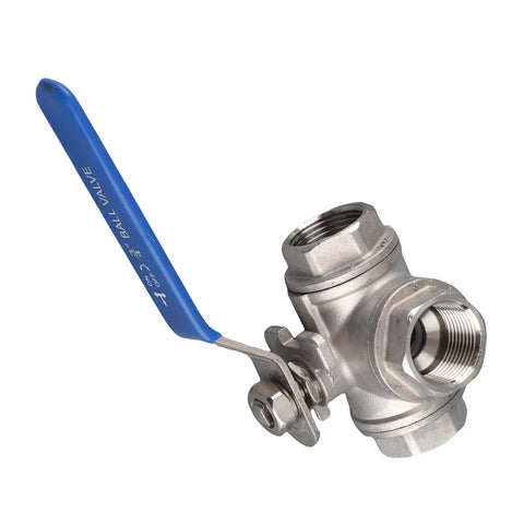 Top Shelf Three Way Stainless Steel Ball Valve With T Type Design For Plumbing And Gas Lines Built Tough As Nails To Deliver Corrosion Resistant Flow Without Any Drama, featuring blue handle and 20 mm diameter.