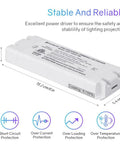 Dimmable LED Driver Transformer 25W Power Supply 120V AC To 12V DC For LED Strip Lights, shown with dimensions and features