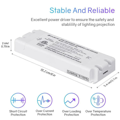 Dimmable LED Driver Transformer 25W Power Supply 120V AC To 12V DC For LED Strip Lights, shown with dimensions and features