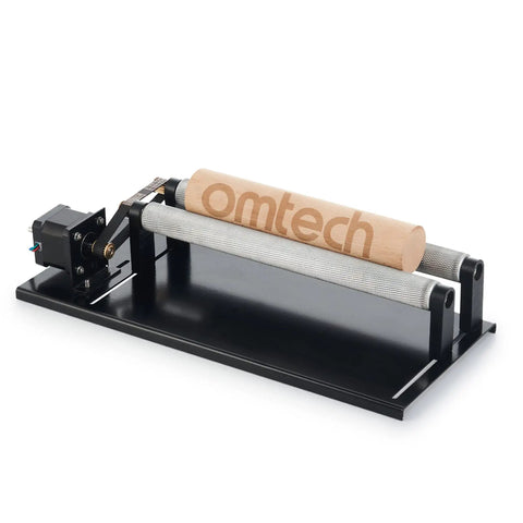 Rotary Axis Attachment For 40w 45w Co2 Laser Engravers Turns Your Rig Into A Round Surface Beast Straight Up Nailing 360 Designs On Cups And Bottles While Adjustable Rollers Make The Whole Process Hit Different. Showing a wood cylinder on adjustable rollers.