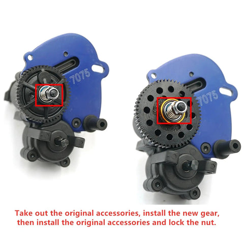 48P Spur Gear Set 48T And 55T For 1 16th Scale E Revo Slash Rally Summit Upgrade Beefy 40Cr Steel Lightweight Easy Install Drop In Fit Delivers Smooth Power And Stable Performance. RC spur gear install close-up, 40Cr steel 48T/55T gears on 1/16 E-Revo VXL