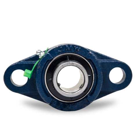 Two Pack Pillow Block Bearing Five Eighths Inch Bore With Self Aligning UCFL202 10 Flange Mount Solid Base Two Bolt Lock Pre Lubricated Ready To Roll For Smooth Operation And Shaft Misalignment Tolerance, blue cast iron housing