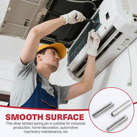 Person installing air conditioner with 50 Pcs Slotted Spring Pins 2.2mm By 8mm 304 Stainless Steel Dowel Fasteners.
