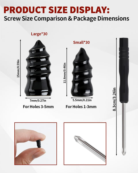 Screw size comparison and screwdriver for Self Service Tire Repair Kit With 60 Piece Rubber Nail Plugs And Screw Type Plugs Plus Screwdriver