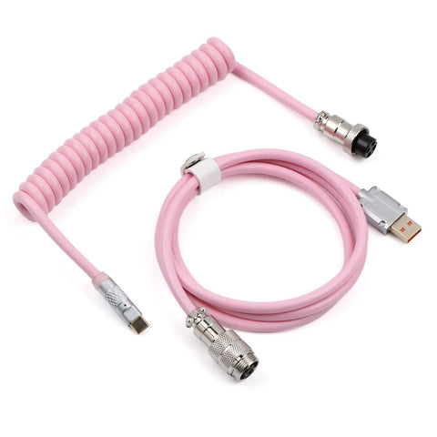 Puff Aviator Coiled USB C Cable For Mechanical Gaming Keyboards Detachable Type C With Aviation Connector Durable Dope Snug Fit For Windows Mac Gamers RT100 TH68 Pro TH80 Pro TH96 TH80 SE CIDOO V65 Pink, pink coiled cable