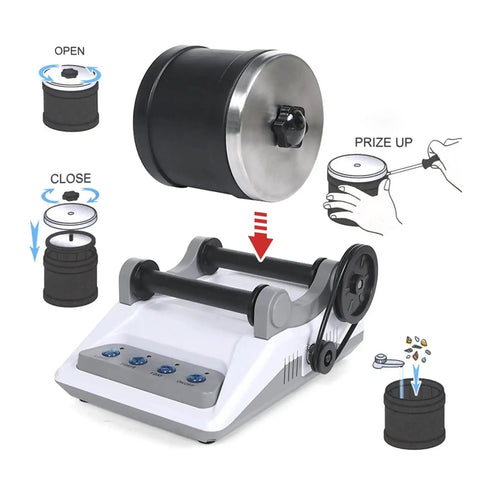 Diagram of Electric Rock Tumbler Kit With Polisher showing assembly and operation steps, includes motor and rubber barrel.