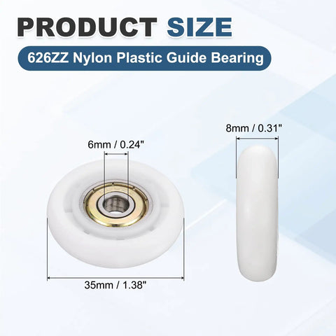 Diagram of 10 Pack 626ZZ Ball Bearing Nylon Guide Pulley Roller Wheel 6x35x8mm Chrome Steel Shielded Bearings.