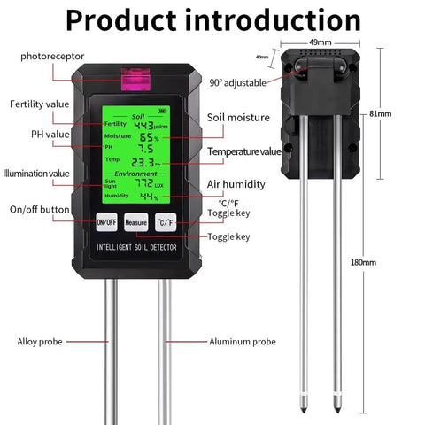 All In One 6 In 1 Soil Test Kit With LCD Display For Garden Farm And Lawn Care front and back view with labels