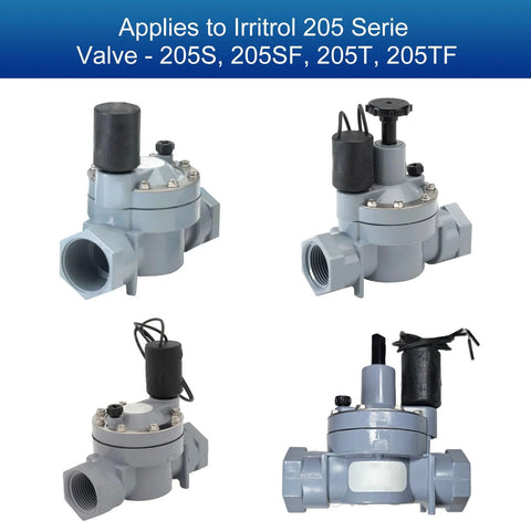 Niahm Irritrol 205 series valve diaphragm replacement assembly, gray PVC body, front view
Niahm Irritrol 205 series valve diaphragm replacement assembly, gray PVC body, side view with threaded ports
Close-up of black cap and screws on Niahm Irritrol 205 series diaphragm replacement assembly, gray valve
Installed view of Niahm Irritrol 205 series valve diaphragm replacement assembly in a gray irrigation valve