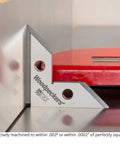 Woodpeckers DeadNutz machinist square, stainless steel, 3-1/2-in size, front view with logo.
