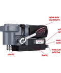 Close-up of Badass Low Profile Magnetic Drill Press showing features like carbon brush wear indicator and automatic shut-off.