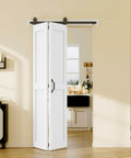 Modern White Bifold Barn Door 42X84 Inches with aluminum track in a kitchen setting, showcasing smooth gliding and clean lines.