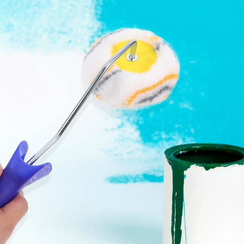 Double Ended Paint Roller And Corner Brush Tool For Wall And Trim Jobs handles tricky corners with a fuzzy roller on a handle.
