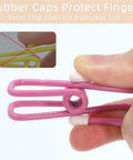 Slick 10 Pack Colorful Metal Chip Bag Clips With Rubber Finger Guards And Heavy Spring Steel Design, showing pink clip in use.