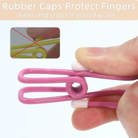 Slick 10 Pack Colorful Metal Chip Bag Clips With Rubber Finger Guards And Heavy Spring Steel Design, showing pink clip in use.