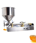 Rugged Single Head Pneumatic Paste Filler Machine With Slick 30 Liter Hopper And Stainless Steel Piston Pump Using No Fuss Foot Pedal Control For Smooth Cream Oil Shampoo Runs showcasing a stainless steel hopper.