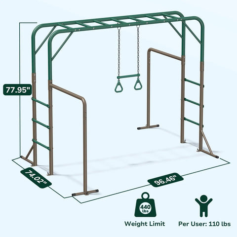 3 In 1 Monkey Bars Set With Gymnastics Bars And Trapeze Swing For Backyard Fun, Heavy Duty Metal Frame Supports Up To 400 Lbs