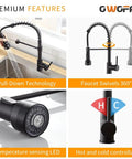 Led Light Kitchen Faucet With Pull Down Sprayer In Matte Black 304 Stainless Steel with temperature LED and 360° swivel features