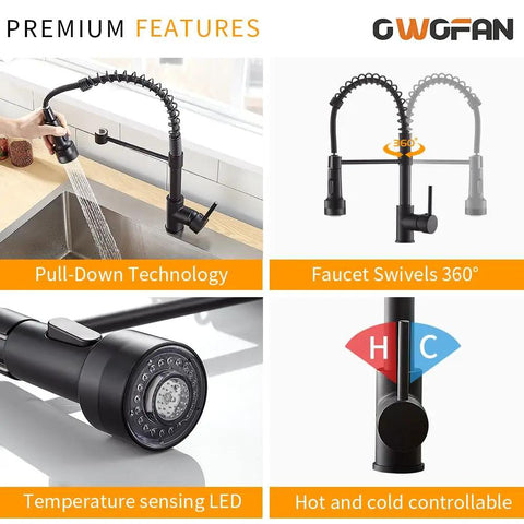 Led Light Kitchen Faucet With Pull Down Sprayer In Matte Black 304 Stainless Steel with temperature LED and 360° swivel features