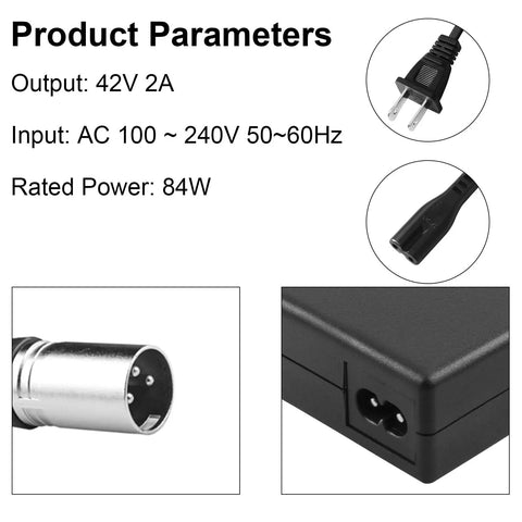42V 2A E Bike Charger With 3 Pin XLR Male Connector For 36V Batteries Fast Safe Charging Wide Input 100 240V AC Two Prong Output Power Cord Adapter For Most 42V E Bikes