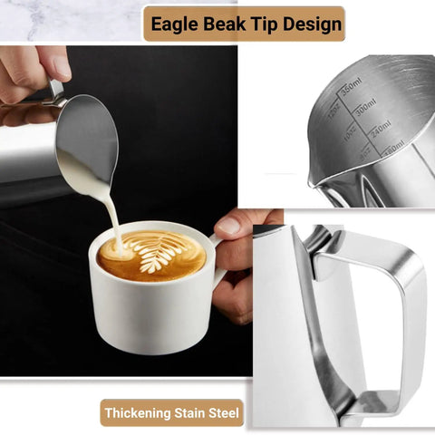 Stainless Steel Milk Frothing Pitcher 12oz 350ml With V Sharp Mouth For Latte Art Barista Ready Milk Jug Cup For Cappuccino Latte Macchiato Pro Grade Pouring Rust Proof Easy Clean Decorating Pen Included seen pouring milk into a cup with latte art design.
