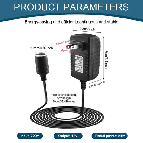 Straight Up Heavy Duty AC DC Converter And Car Cigarette Lighter Adapter Plugging Right Into Your Ride To Turn 100V Outlet Juice To 12V Smooth Power Supply For Road Trips And Tech Gear with dimensions and cord.