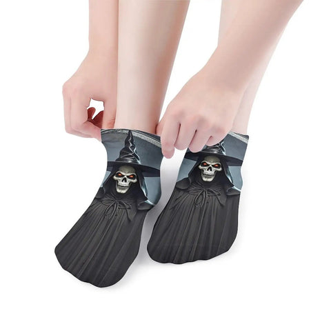 Death Scythe Ankle Socks With Moisture Wicking Tech featuring skull design, unisex, low cut, breathable fabric for casual sports wear