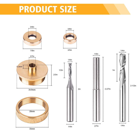 SpeTool router inlay kit with brass bushings, knurled ring, and carbide spiral upcut bit; includes 1/8 and 1/4 cutters