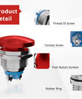 Red 22mm Mushroom Head Momentary Push Button Switch IP65 Waterproof 5A SPST 12V 24V with labeled parts including thread and contact screw.