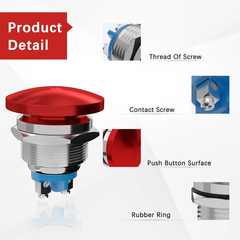Red 22mm Mushroom Head Momentary Push Button Switch IP65 Waterproof 5A SPST 12V 24V with labeled parts including thread and contact screw.