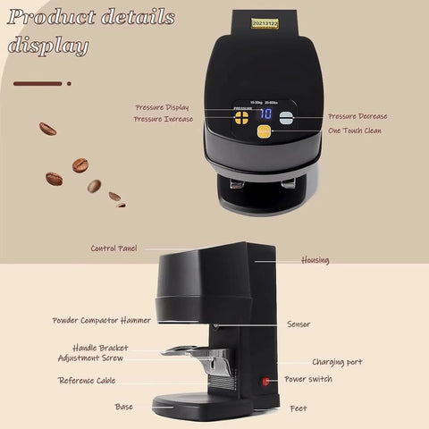 Automatic Espresso Tamper For Home Baristas 58mm Electric Coffee Tool showing control panel and housing details.
