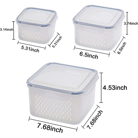 Three Pack Fridge Storage Containers With Lids And Strainer Basket That Keeps Fruits Vegetables Berry And Meat Fresh Longer BPA Free