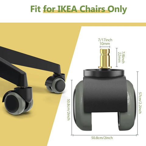 Roll Smooth Two Inch Office Chair Wheels Replacement For Ikea Chairs With 10 Mm Stem And 7/8 Inch Length, detailed view with dimensions.