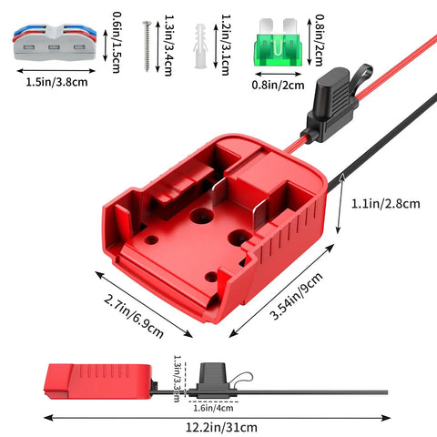 Milwaukee 18V Battery Power Wheel Adapter Kit Two Pack With Built In Switch Fuse Holder for DIY RC Project, Red Dimensions