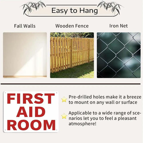 Rugged Rust-Proof Aluminum First Aid Room Sign For Office, Factory, Warehouse, And Workshop - 12 By 8 Inches shown on wall