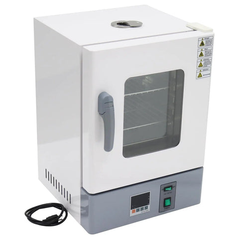 Heavy Duty Digital Forced Air Convection Drying Oven With Slick PID Temp Control And Reliable Rotary Hot Air Circulation For Zero Hassle Shop Or Lab Projects, front view with digital display and stainless shelves.