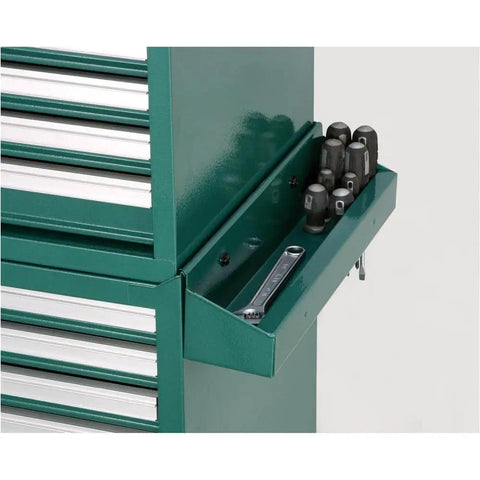 Green Rolling Tool Cabinet With Ten Drawers Including Six Shallow, Three Medium, And One Tall, 22-1/2 Inches Wide By 14-7/8 Inches Deep, Heavy Duty Steel Garage Organizer Built For Tools And Gear