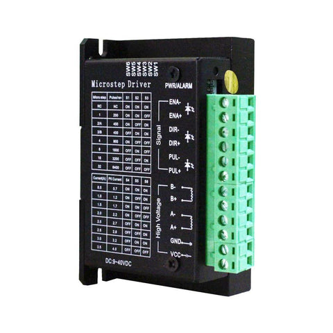 TB6600 stepper driver module with green screw-terminal block on black enclosure for DC 9–42V motors.