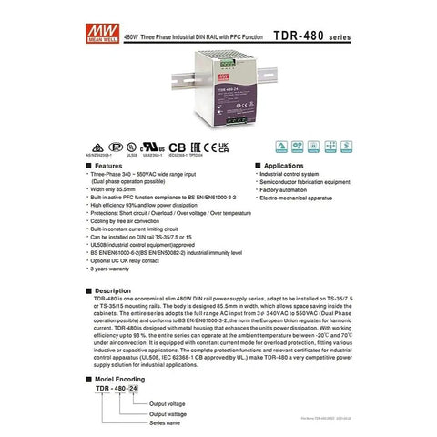 Beefy 480W 48V 10A Three Phase DIN Rail Power Supply With PFC Wide 340 To 550VAC Input Built In Short Circuit Overload Overvoltage And Over Temperature Protection Ideal For Semiconductor Manufacturing And Factory Automation, metal DIN rail unit