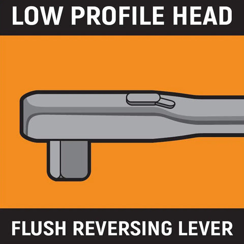 Illustration of Three-Eighths Inch 120XP Flex-Head Teardrop Ratchet With Dual-Material Handle, 13.5 Inch Long, low-profile head side view.