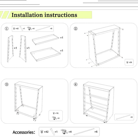 Installation guide for Heavy Duty Wire Spool Rack With Wheel 6 Rod Cable Dispenser, showing assembly steps and parts.