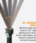 Close-up of balldriver tip demonstrating a 25° working angle for Set Of 10 Balldriver And Hex T Handles With Stand For 3/32 To 3/8 Inch.
