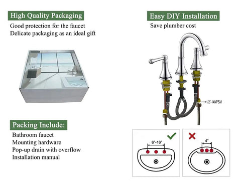 Packaging and installation guide for Chrome Dope Two Handle 8 Inch Widespread Bathroom Sink Faucet With Pop Up Drain For 3 Holes High Arc Vanity Tap Brass 360 Degree Swivel Spout All Metal Body Lead Free Ceramic Cartridge cUPC NSF61 CEC Certified.