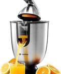 Eurolux Premium Electric Orange Juicer Featuring 160W High-Torque Motor extracting juice, stainless steel design, and fresh oranges.