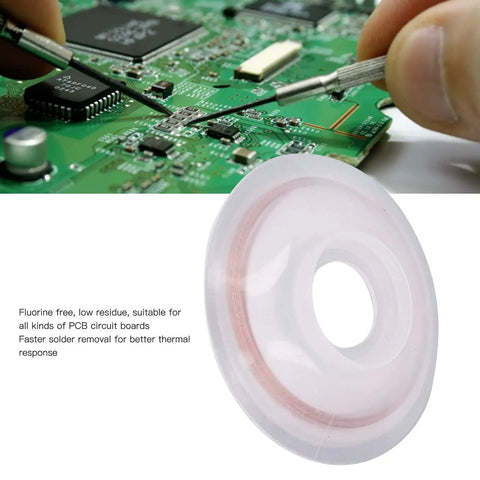 Pro Grade Red Copper Solder Wick Braided Desoldering Wick 5 Pack, hand using wick on PCB for solder removal.
