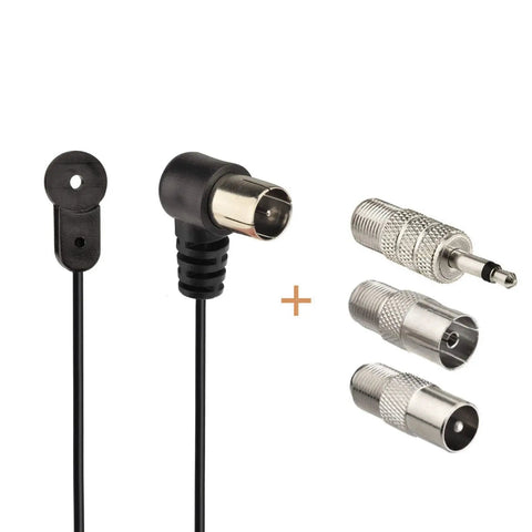 FM Antenna 75 Ohm Indoor Universal Connector Adapter For Home Theater Receivers And Stereo Systems Compatible With Pioneer Onkyo Yamaha Marantz Bose HD Radio Bluetooth Ready Clear FM Reception showing antenna wire and connector adapters