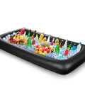 Inflatable Serving Bar With Drain Plug For Parties, 52 By 24 By 5 Inches, filled with drinks and fruits on ice, black