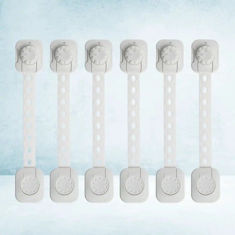 Six Pack Safety Locks For Cabinets And Refrigerator with adjustable length, showing adhesive ends and ABS plastic material.